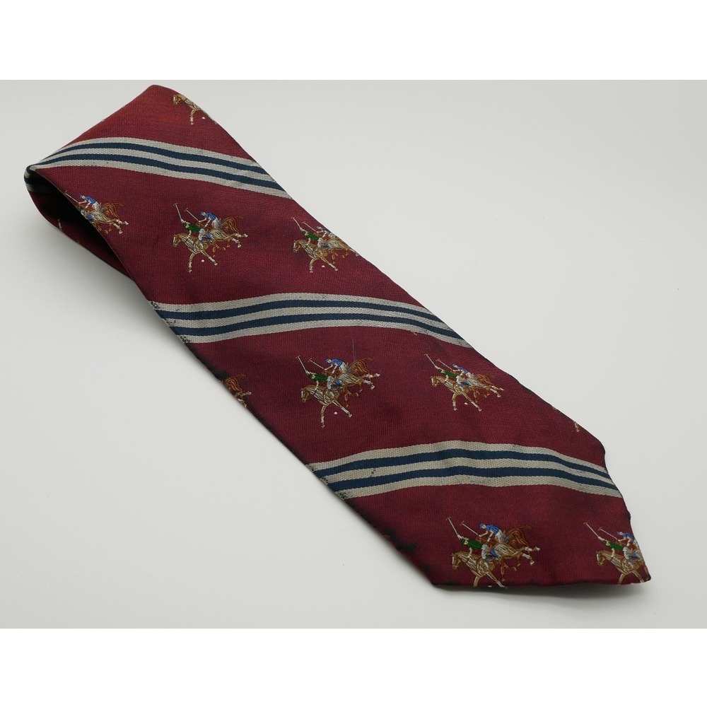 VINTAGE Polo Ralph Lauren SilkTie Burgundy Equestrian Polo Player Rep Stripe Men